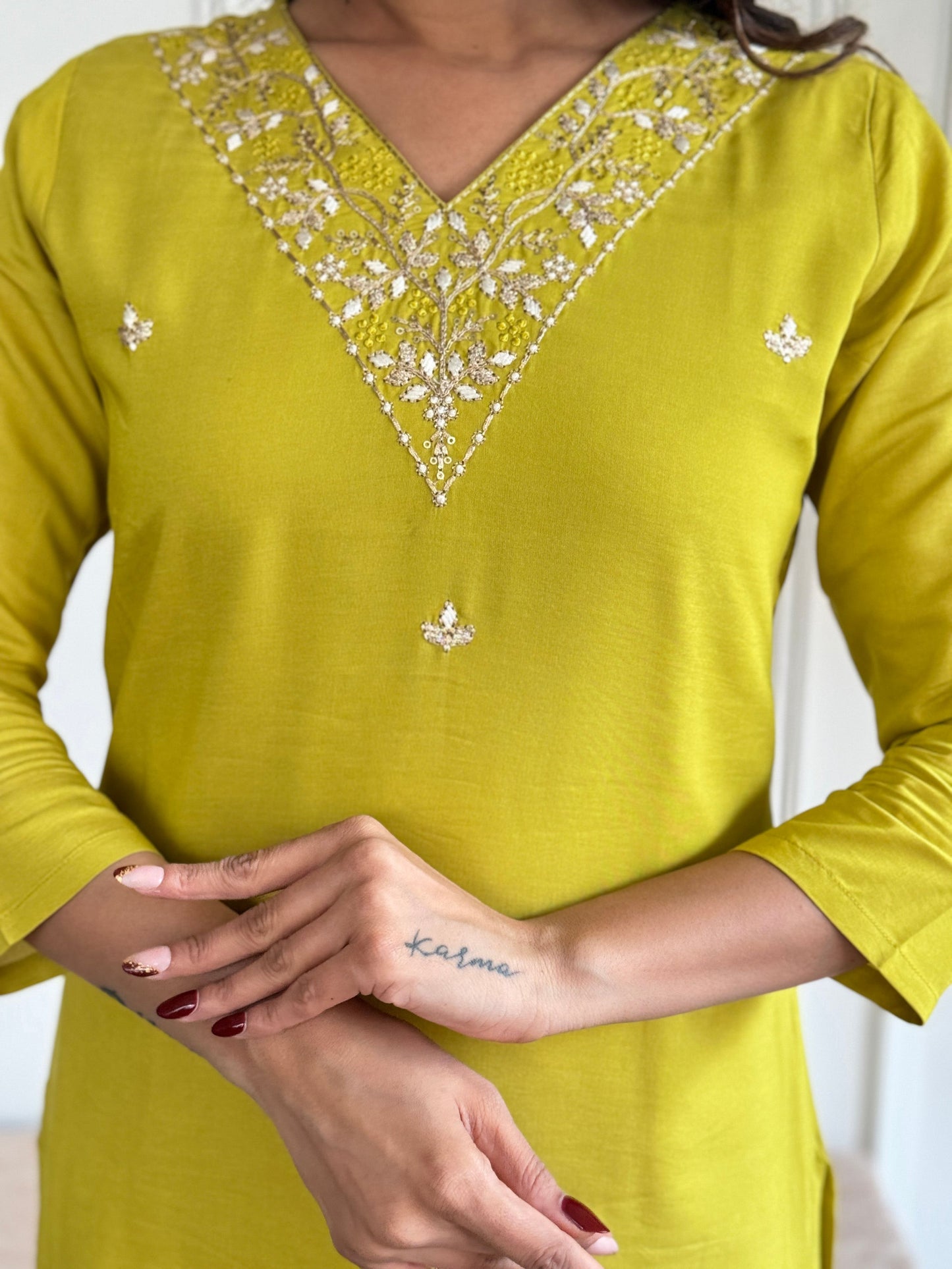 The52 Yellow Embroidered Rayon Slub Fabric Straight Kurta, Pant and Dupatta Set - Swadesiicart
