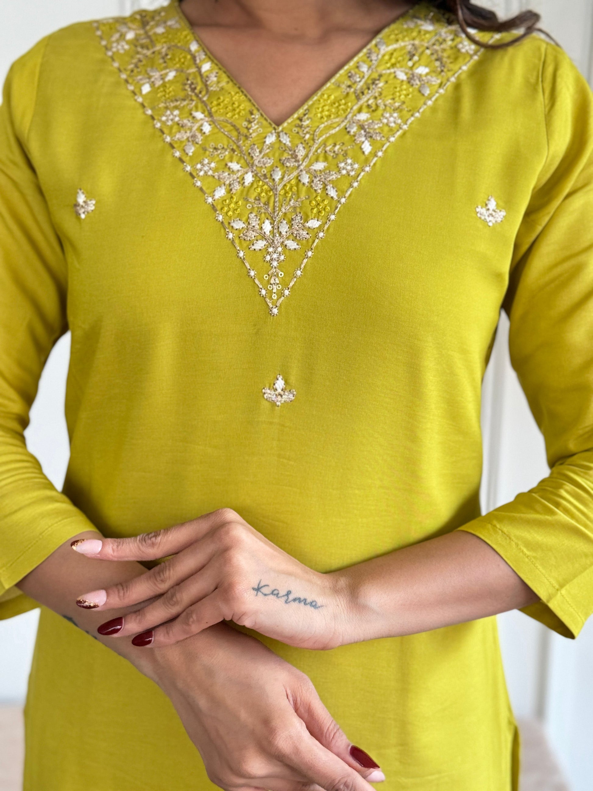 The52 Yellow Embroidered Rayon Slub Fabric Straight Kurta, Pant and Dupatta Set - Swadesiicart