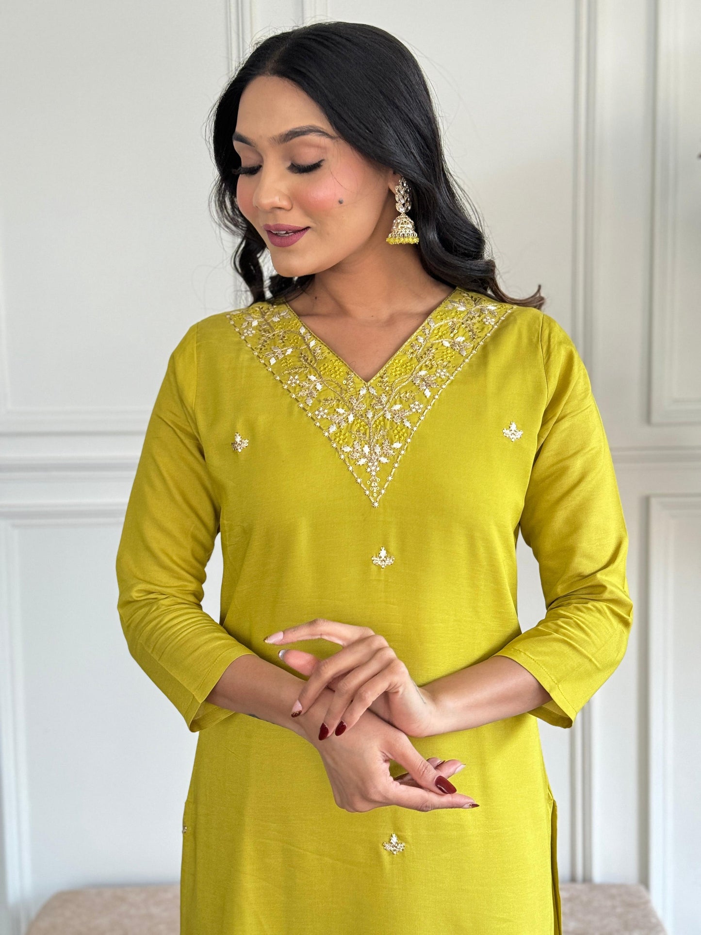 The52 Yellow Embroidered Rayon Slub Fabric Straight Kurta, Pant and Dupatta Set - Swadesiicart