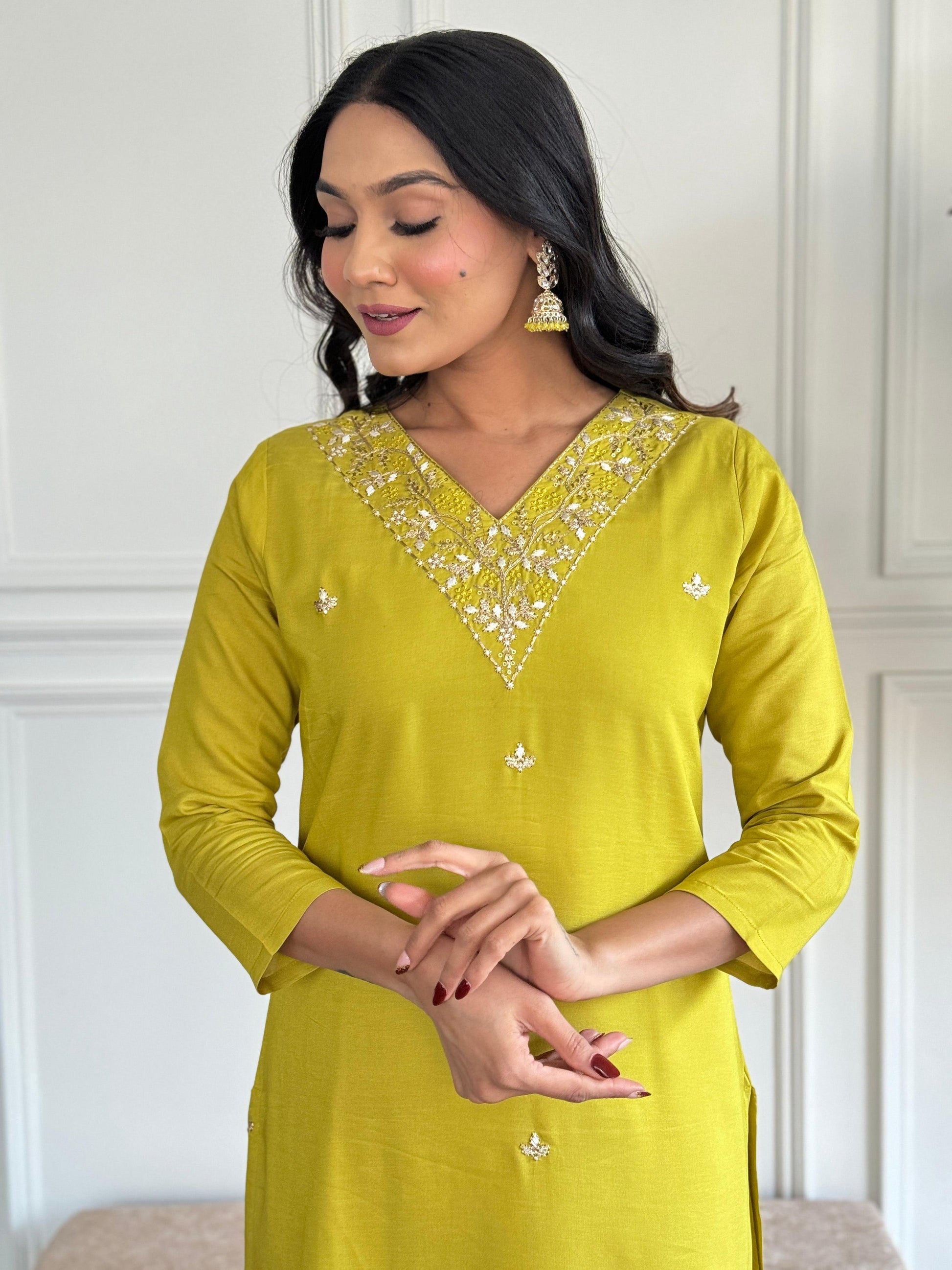 The52 Yellow Embroidered Rayon Slub Fabric Straight Kurta, Pant and Dupatta Set - Swadesiicart