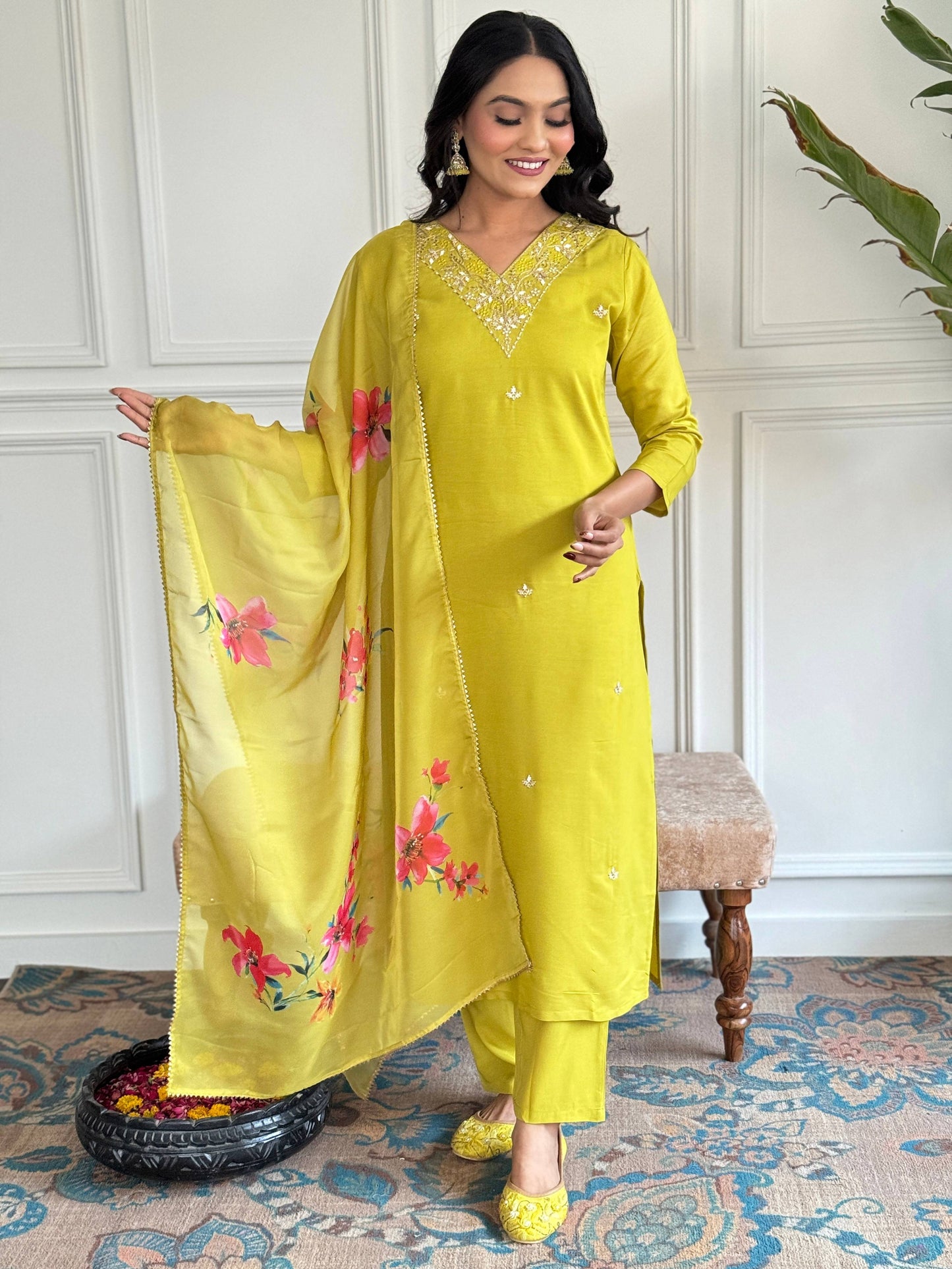 The52 Yellow Embroidered Rayon Slub Fabric Straight Kurta, Pant and Dupatta Set - Swadesiicart