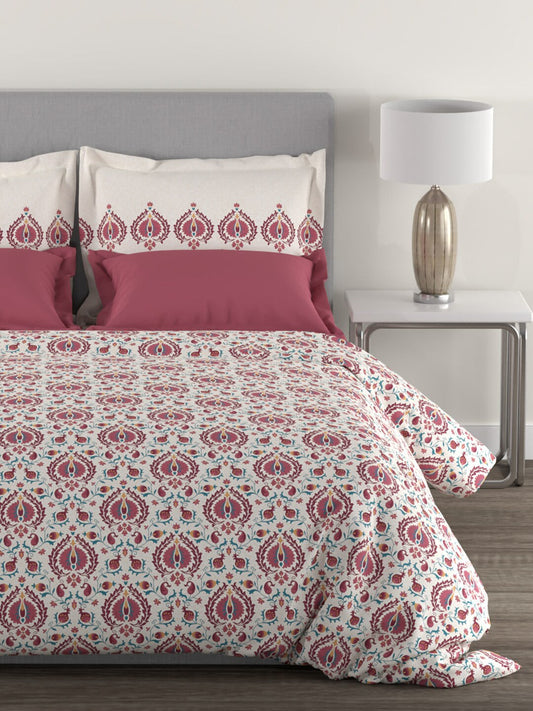 MYTRIDENT White Red Ethnic Motifs 144 TC Cotton Queen Bedsheet With 2 Pillow Covers - Swadesiicart