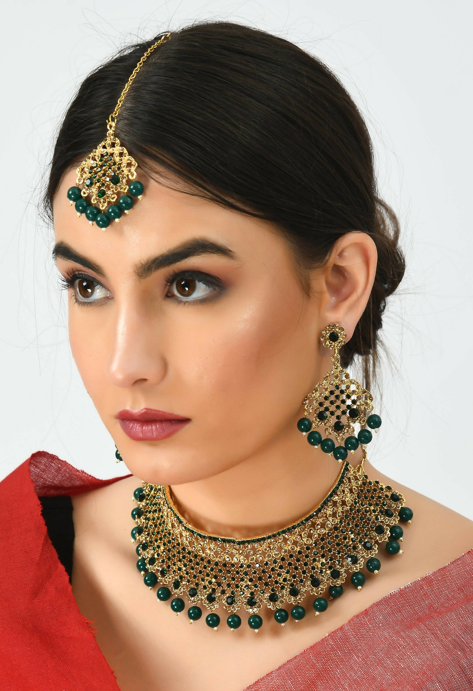 Mominos Fashion Johar Kamal Traditional Rajwadi Design Heavy Golden/Green Color Necklace Set - Swadesiicart