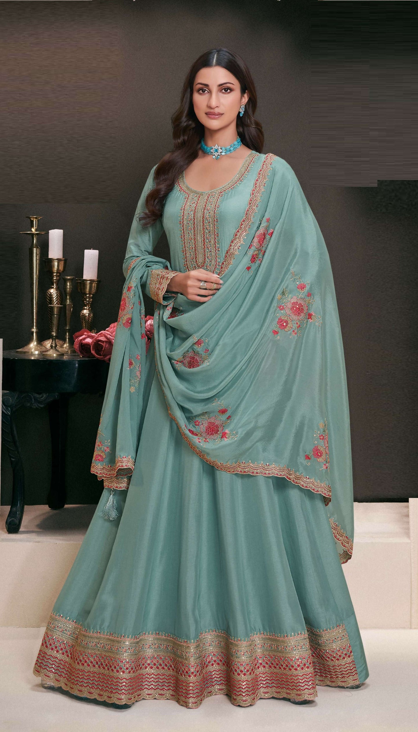 Anaita Teal Embroidered Work Silk Stitched Anarkali Suit