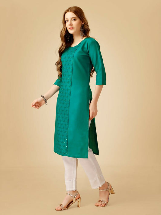 Jyoti Fashion Women's Rama Cotton Blend Embroidered Kurta Pant Set - Swadesiicart