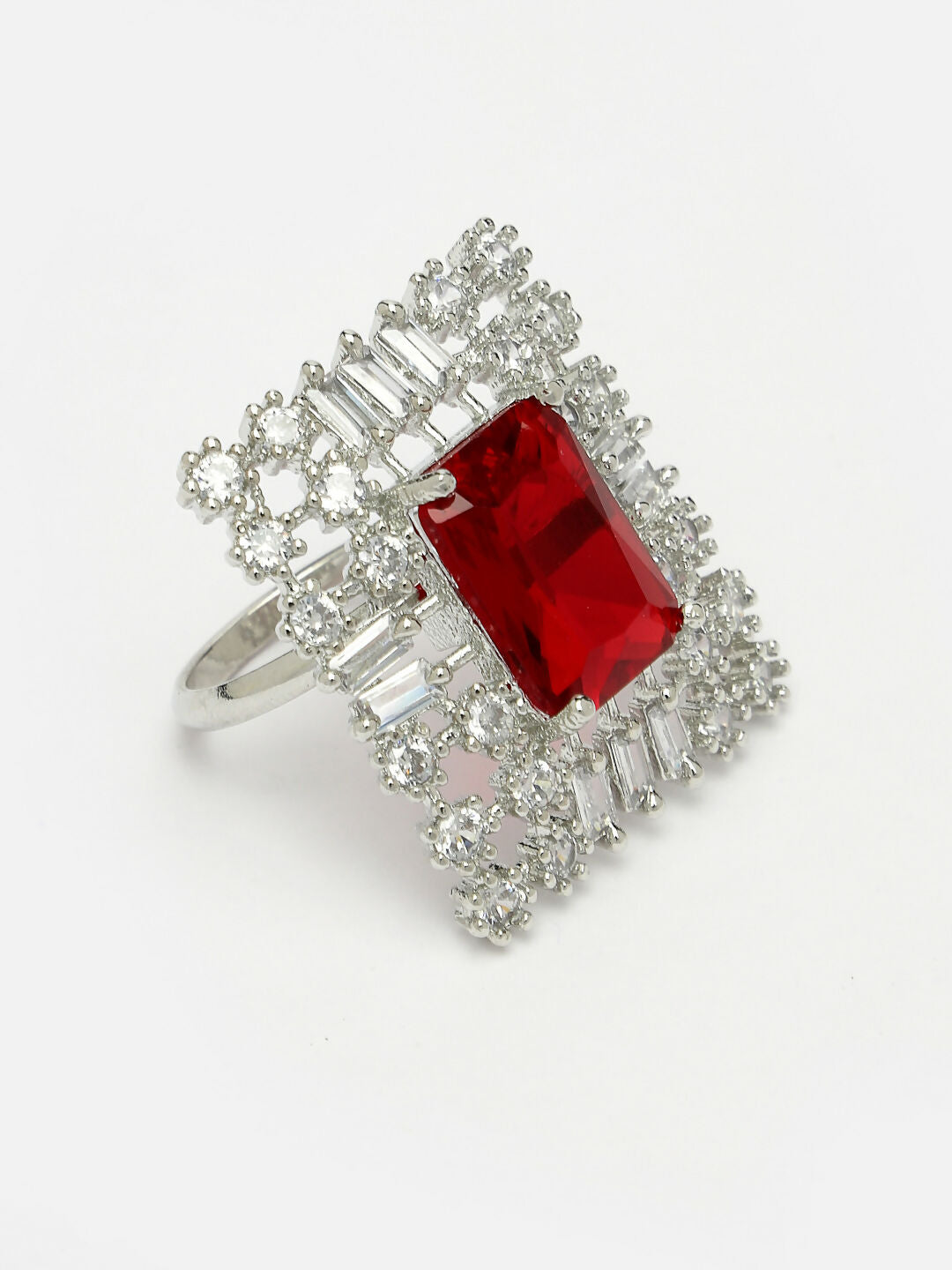 NVR Women's Red & Silver CZ-Studded Square-Shaped Adjustable Finger Ring | Swadesiicart