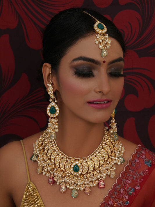 Kundan Choker with Matching Earrings & Maang Tikka Jewellery Set (Gold) - Ruby Raang - Ruby Raang Studio