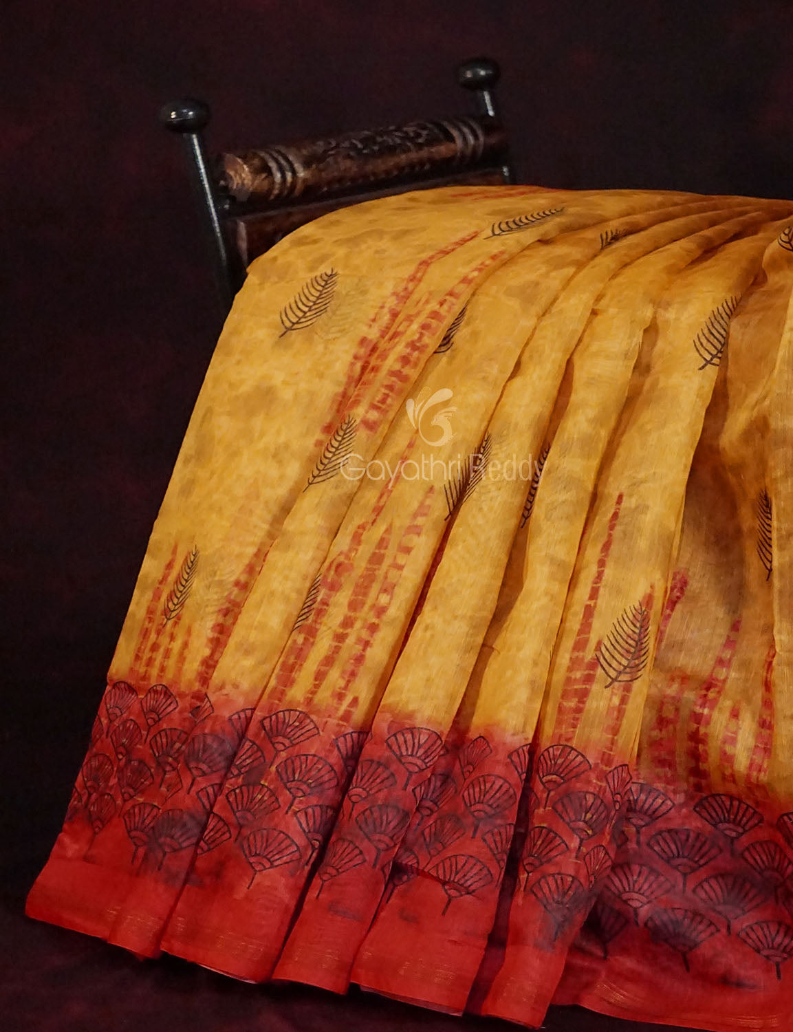 Yellow And Red Colour Block Print Semi Chanderi Saree By Gayathri Reddy Designer Studio | Swadesiicart
