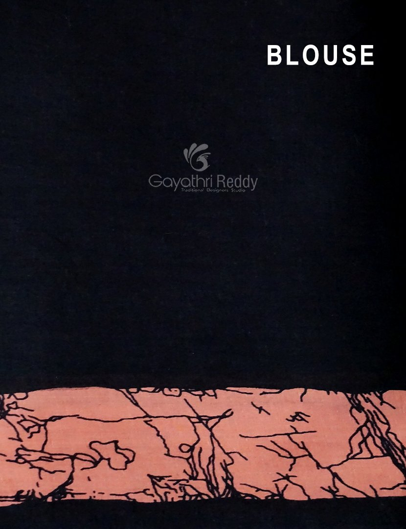 Peach And Black Block Print Pure Mulmul Cotton Saree By Gayathri Reddy Designer Studio | Swadesiicart