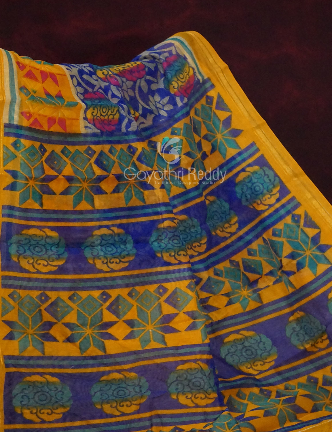 Ink Blue Printed Semi Chanderi Saree By Gayathri Reddy Designer Studio | Swadesiicart