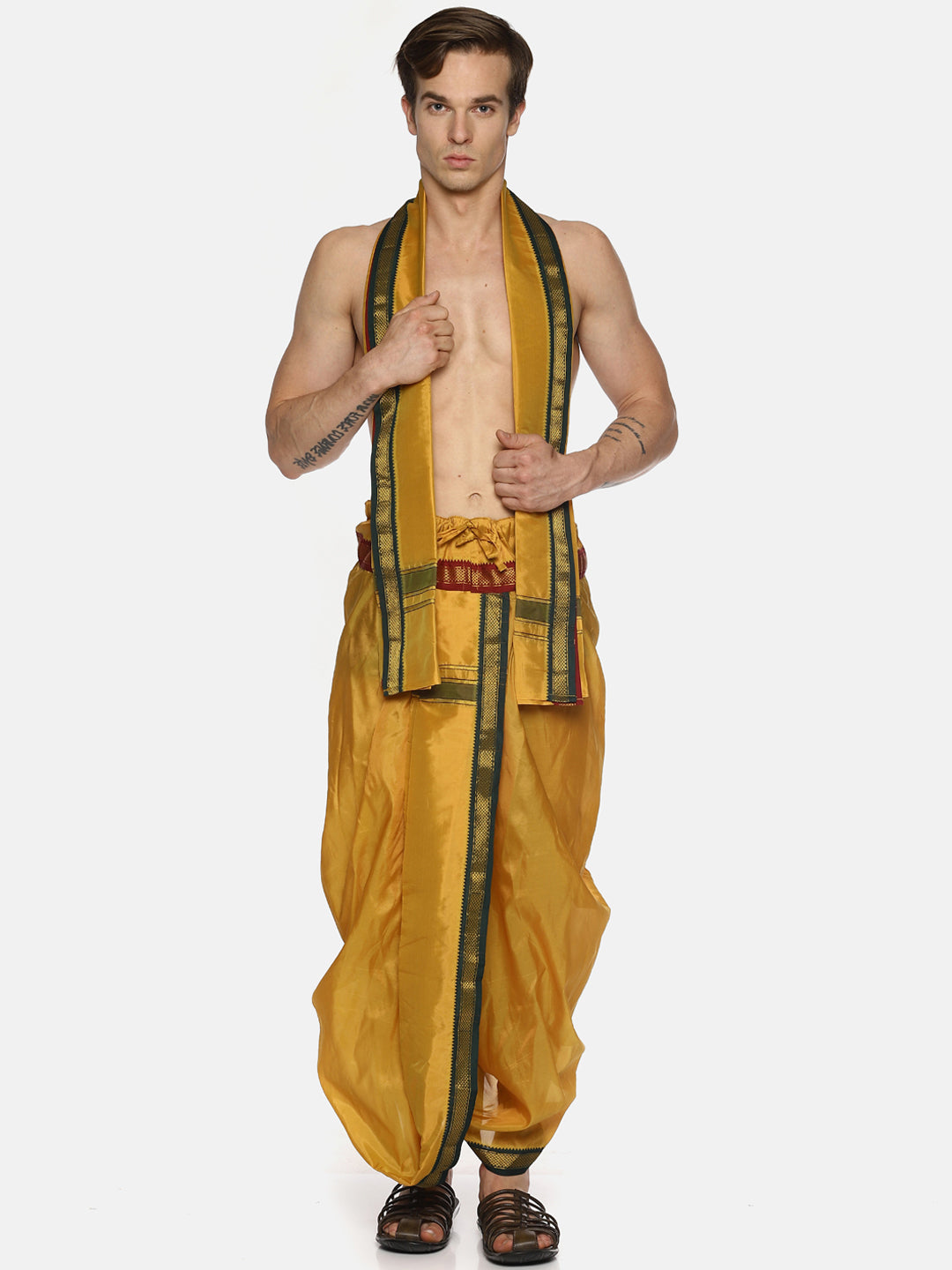 Sethukrishna Men Yellow Solid Readymade Dhoti Pants With Angavastram | Swadesiicart