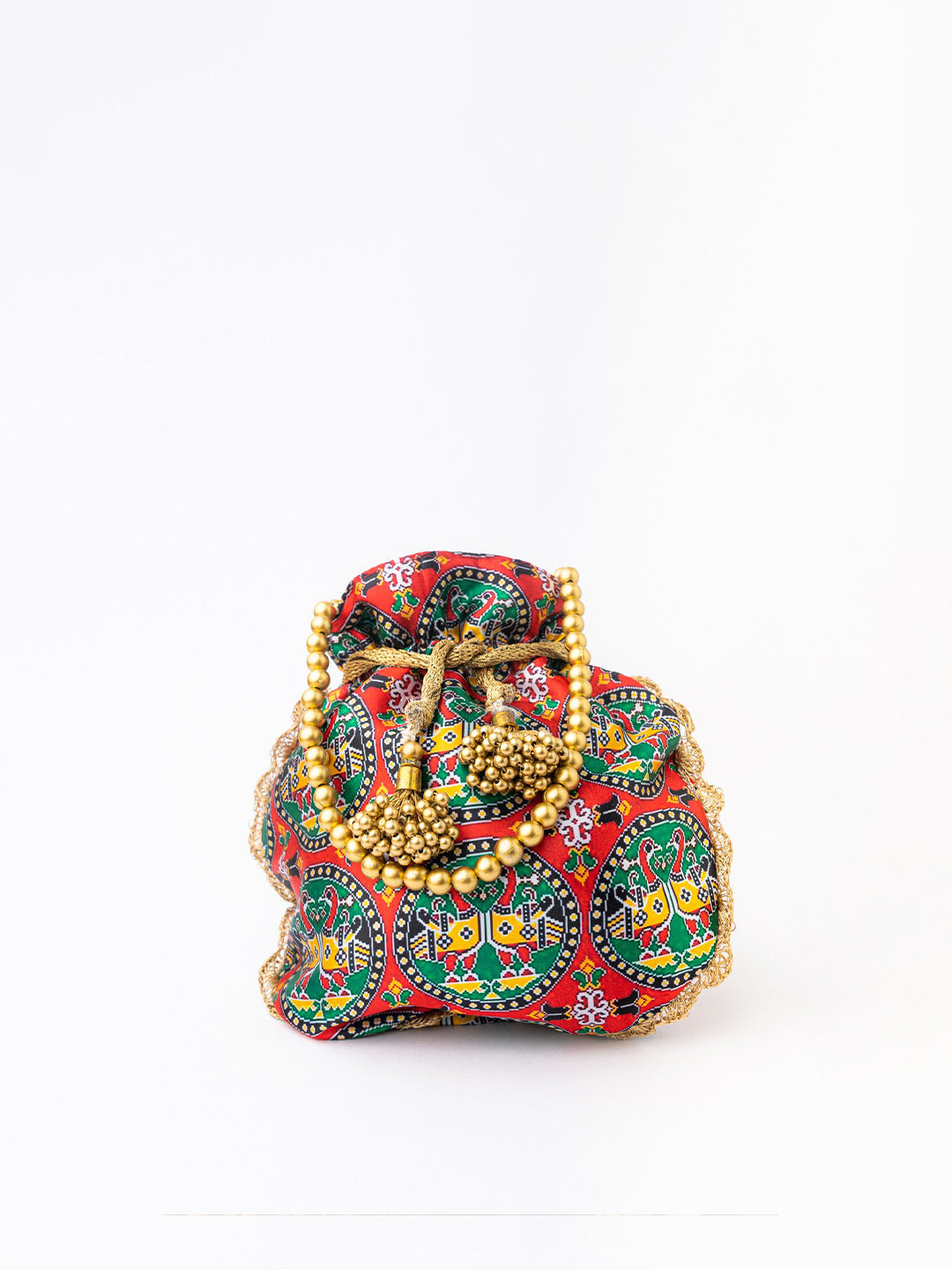 NR By Nidhi Rathi Red & Green Printed Potli Clutch - Swadesiicart