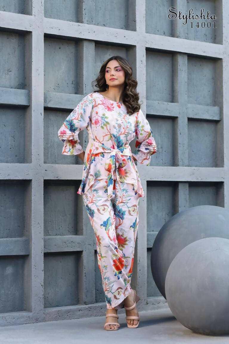 Women's Partywear Designer White & Multi Muslin co-ord set - Stylishta - Swadesiicart