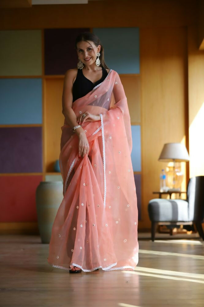 Vamsee Manbhari Peach Organza Saree - Swadesiicart