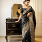 Vishnu Weaves Women's Black Handloom Raw Silk Woven Border Saree with Unstitched Blouse - Swadesiicart