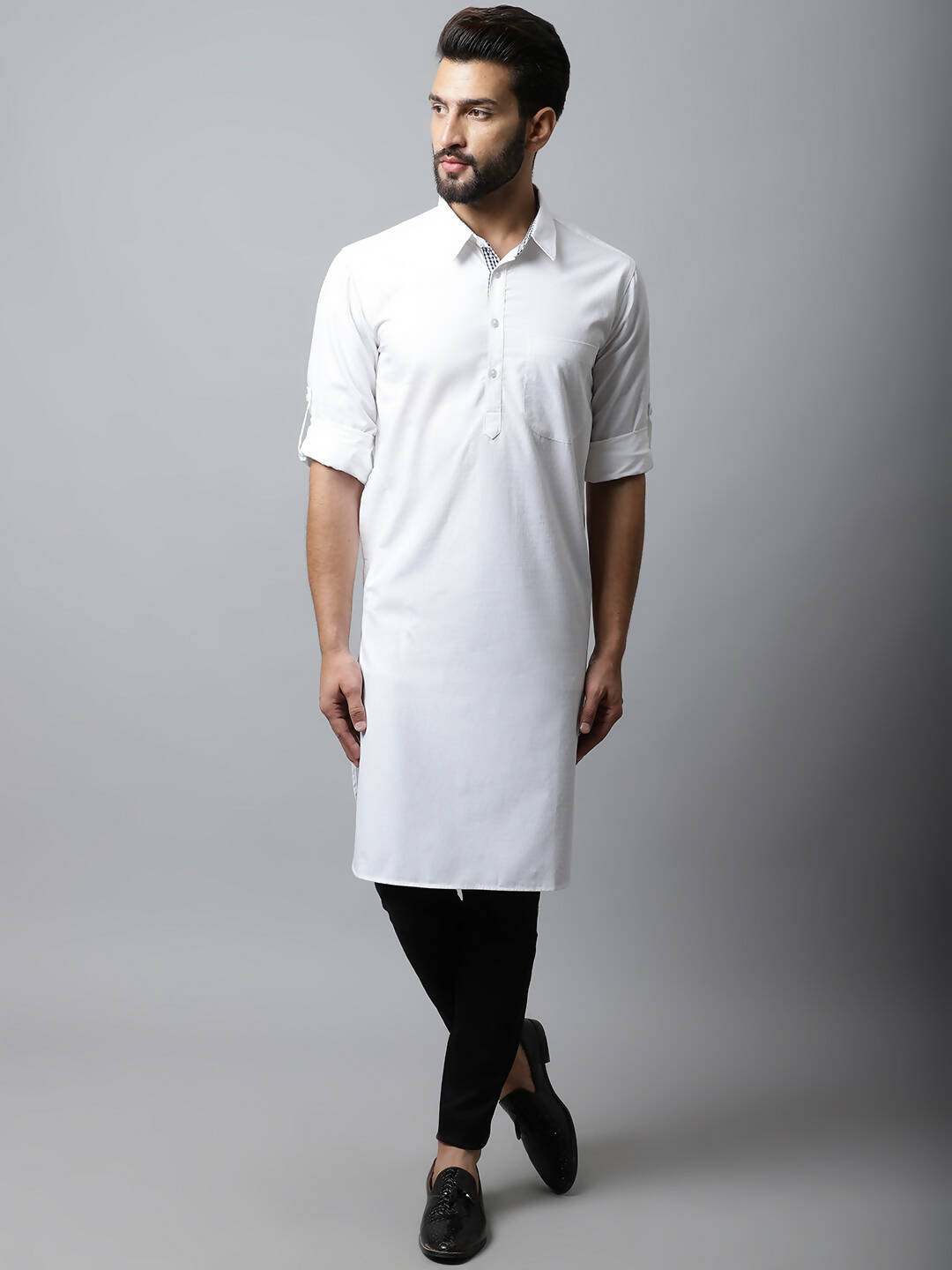 Even Apparels White Color Pure Cotton Solid Men's Kurta With Shirt Collar (SLD1203) | Swadesiicart