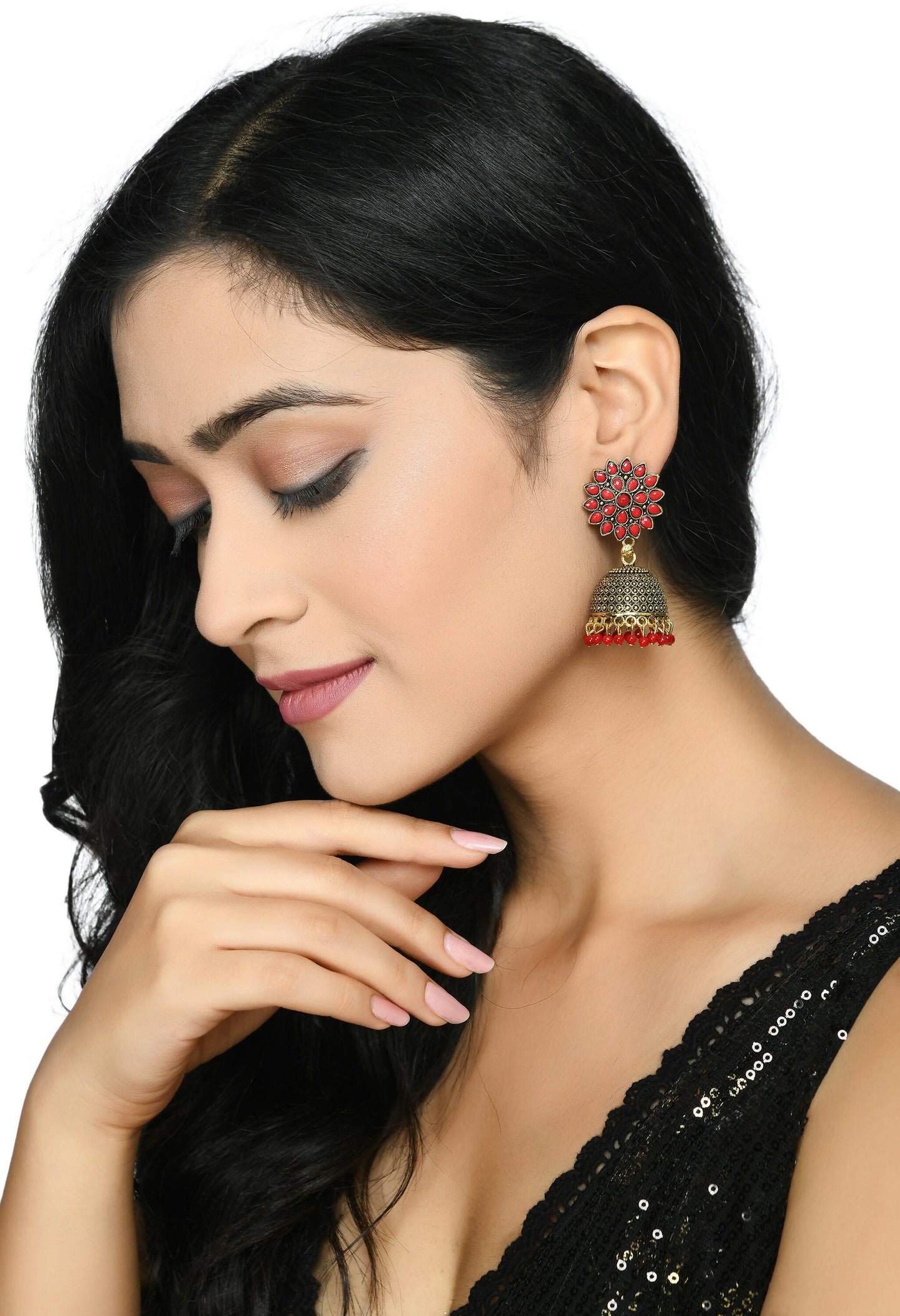 Mominos Fashion Joharkamal Kundan work Jhumka with Red Beads - Swadesiicart