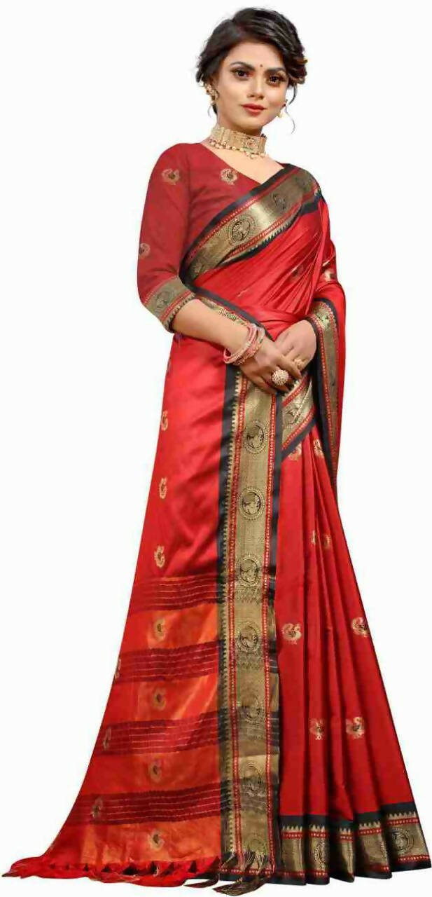 DEIANA'S Beautiful Designer Golden zari Soft Lichi Silk Saree - Red - Swadesiicart