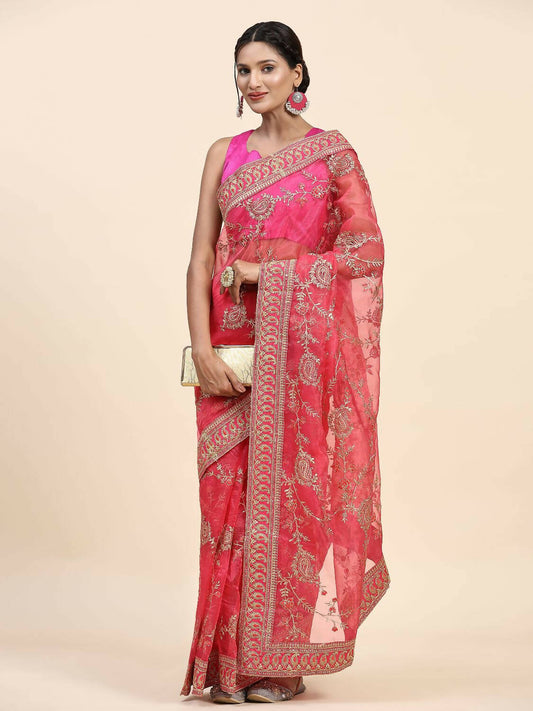 Vamsee Pink Organza Saree - Swadesiicart