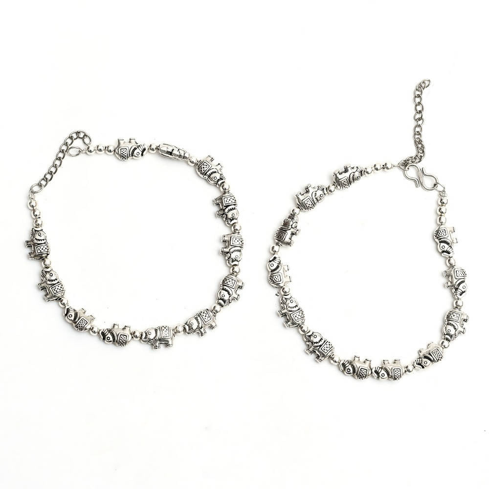 Mominos Fashion Kamal Johar Oxidised Elephant Design Silver Anklets | Swadesiicart