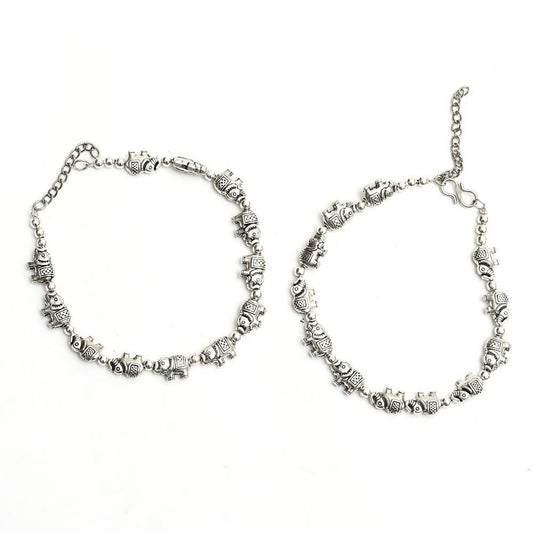 Mominos Fashion Kamal Johar Oxidised Elephant Design Silver Anklets | Swadesiicart