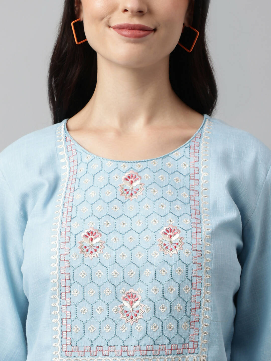 Light Blue Rayon Yoke Embroidered A-line Top - Tarini - Swadesiicart