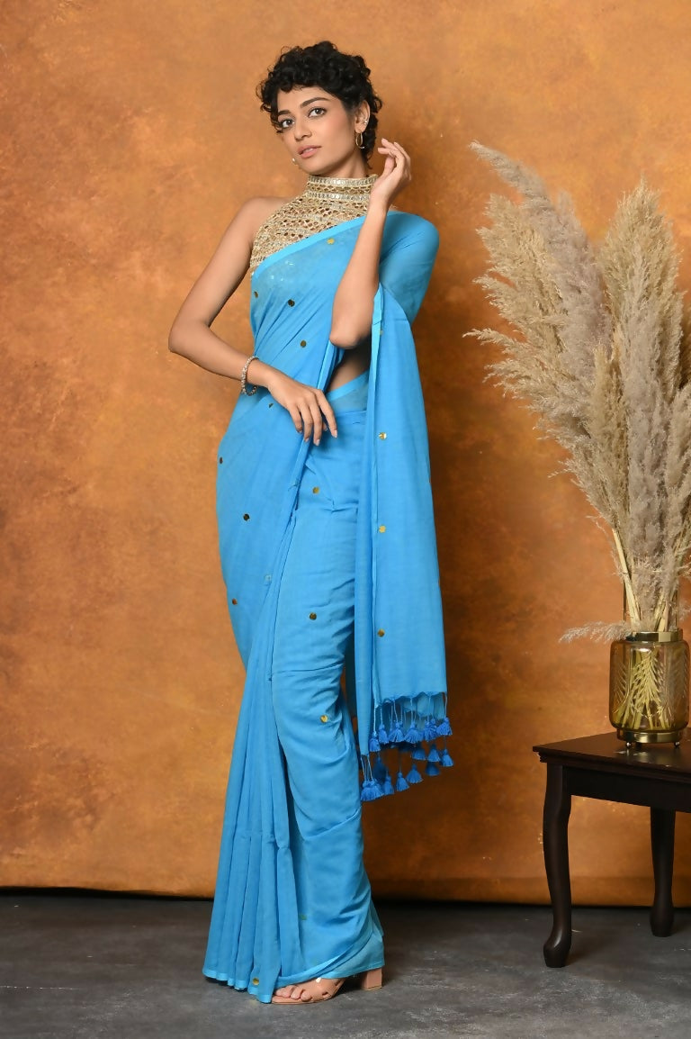 Very Much Indian Pure Mul Cotton Handloom Saree - Sky Blue | Swadesiicart