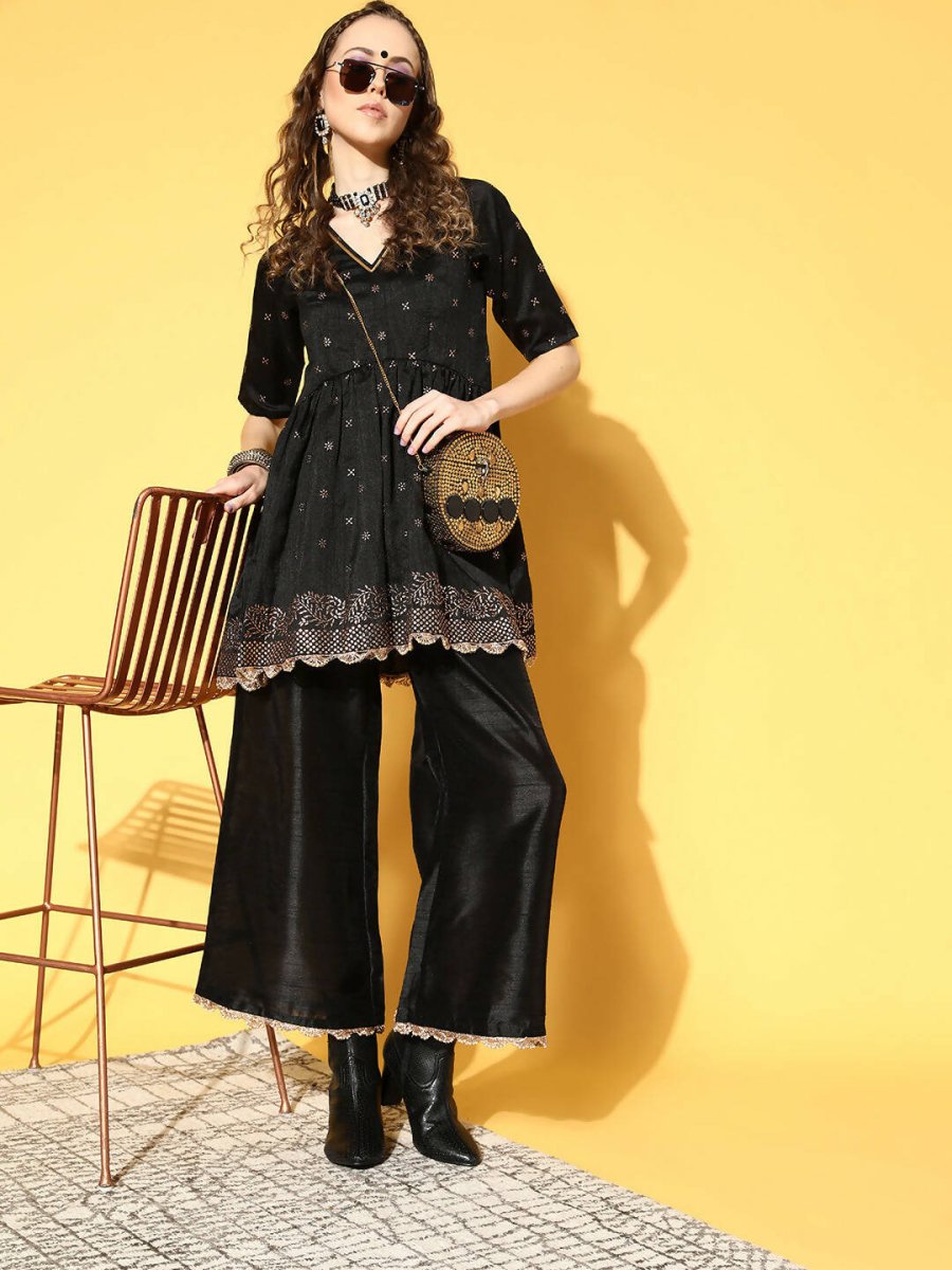 Ahalyaa Women Black Colour Poly Silk Copper Printed Top Palazzo Set | Swadesiicart