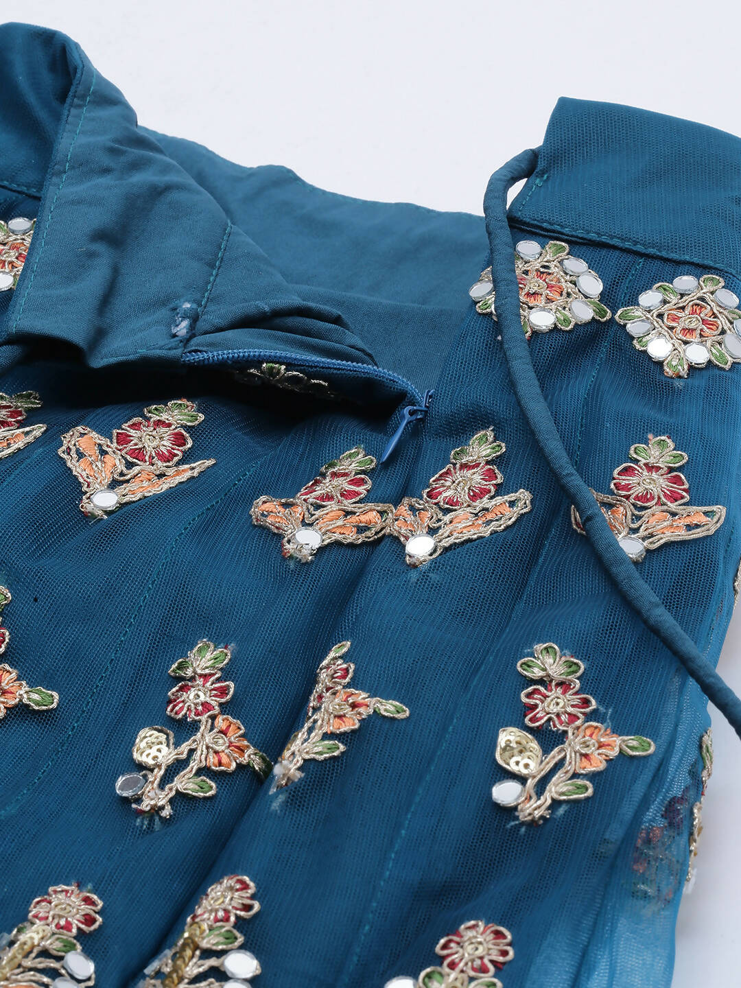 House of Panchhi Teal Net Semi stitched Mirror and Coding Work Lehenga Choli | Swadesiicart