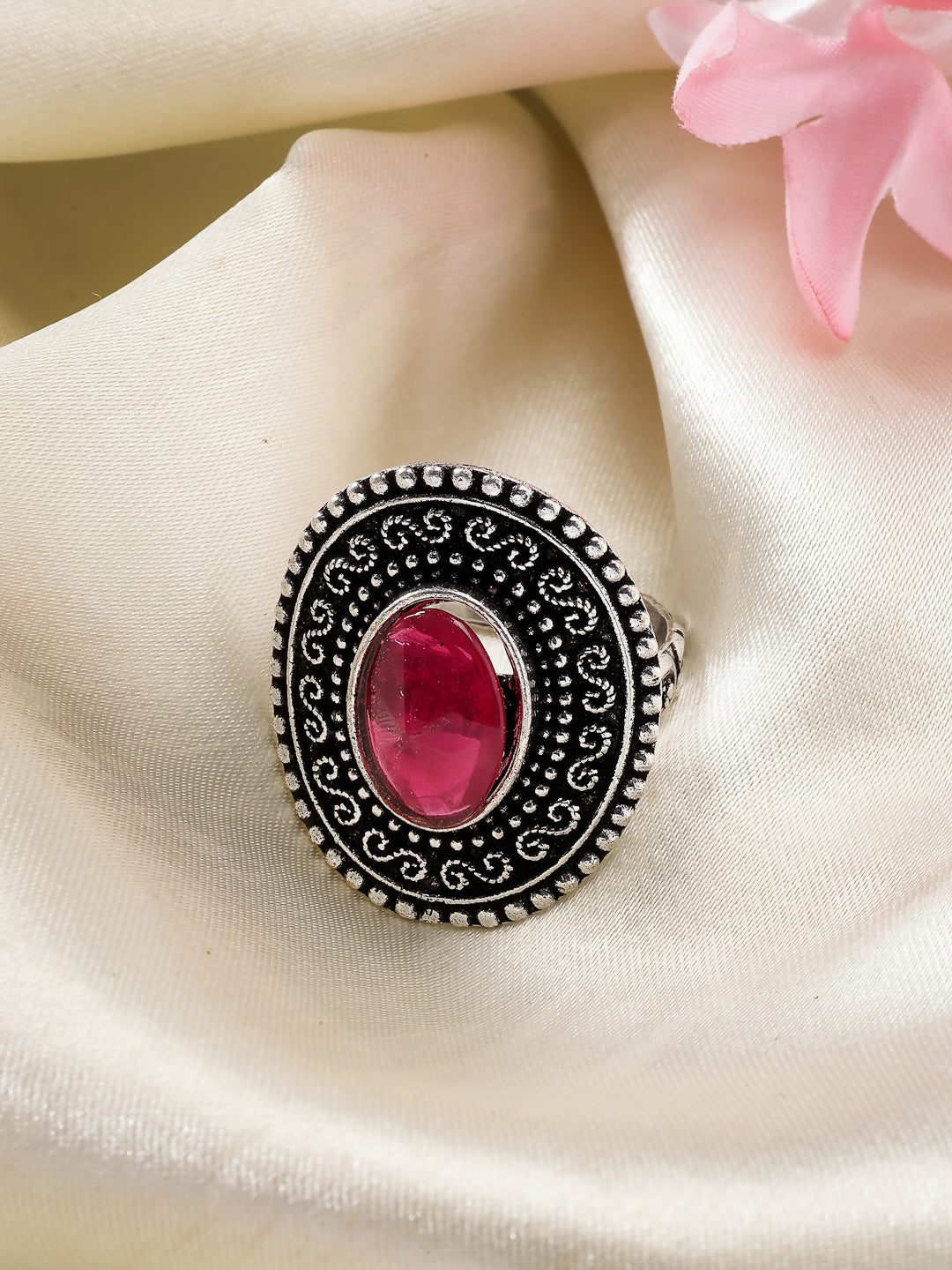 NVR Women's Pink Silver-Toned German Silver Adjustable Finger Ring | Swadesiicart
