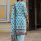 Juniper Women's Skyblue Cambric Floral Placement Printed Straight Fit Kurta Sets | Swadesiicart