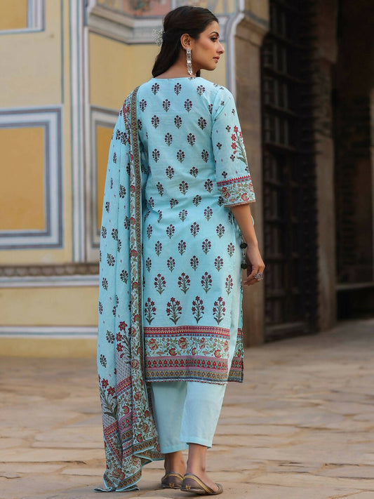 Juniper Women's Skyblue Cambric Floral Placement Printed Straight Fit Kurta Sets | Swadesiicart