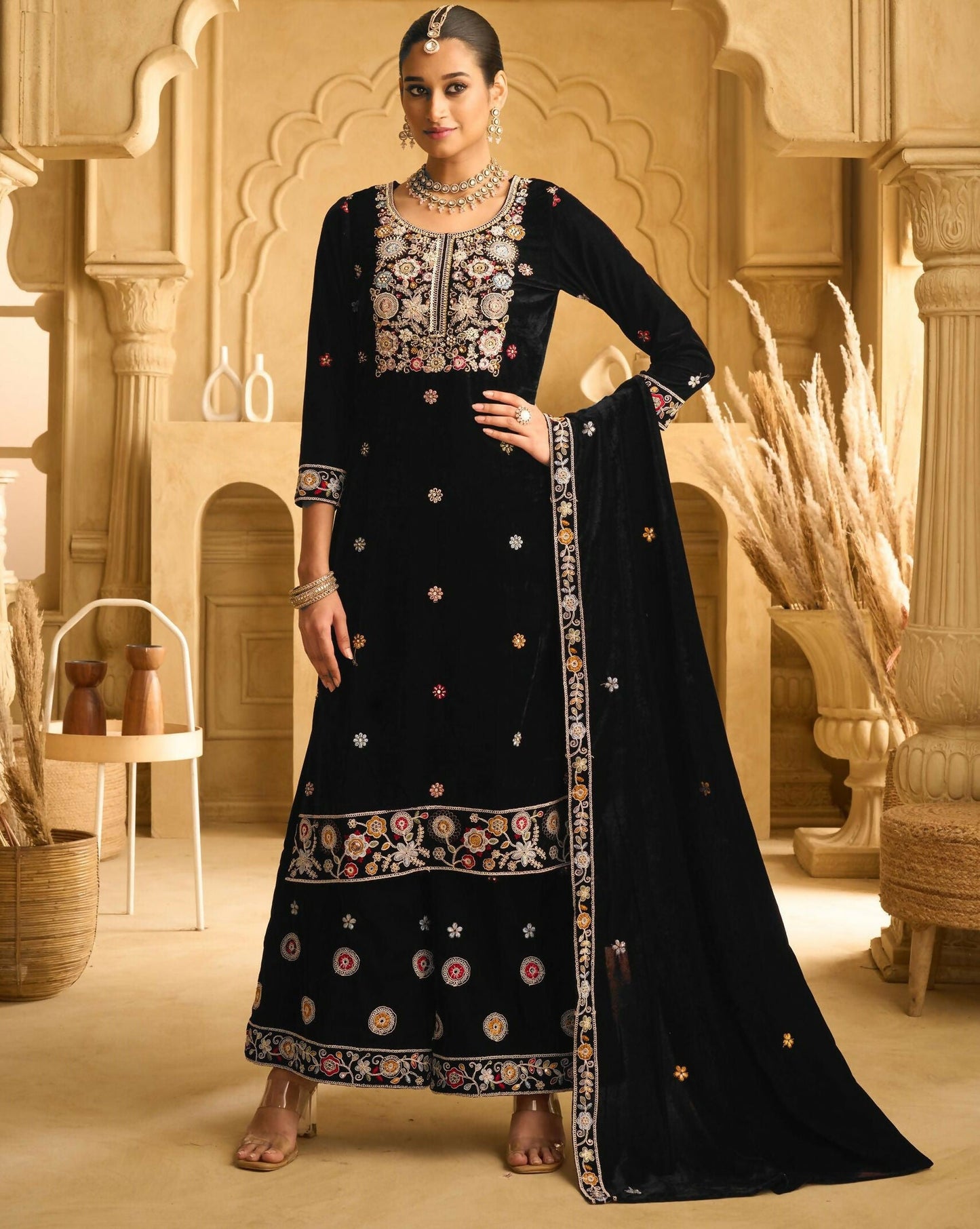 Anaita Black Embroidered Work Velvet Stitched Plazo Suit