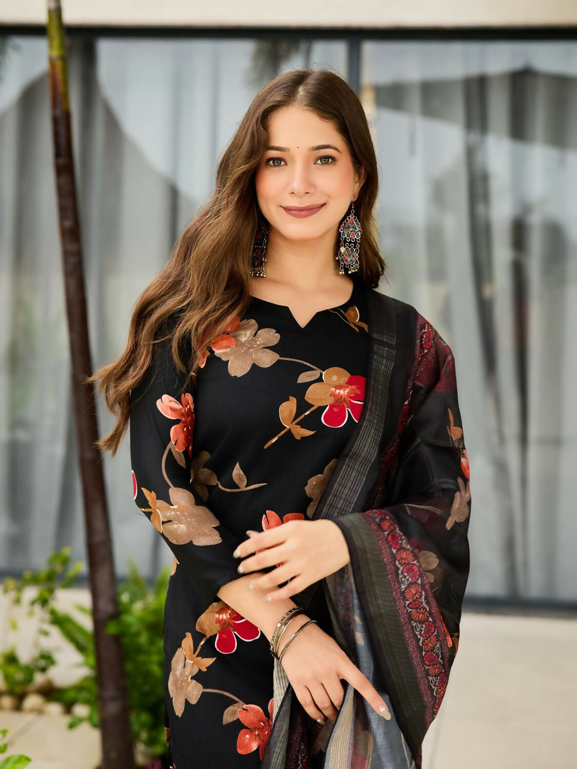The52 Black Women's Gorgeous Printed Silk Blend Fabric Straight Kurta, Pant and Dupatta Set - Swadesiicart