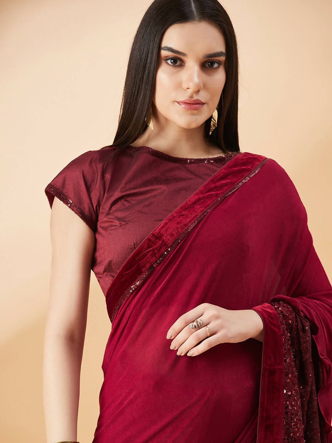 Maroon Lycra Embossed Fancy Velvet, Sequins Embroidery, Frill Details Saree - Norita Hit Design - Swadesiicart