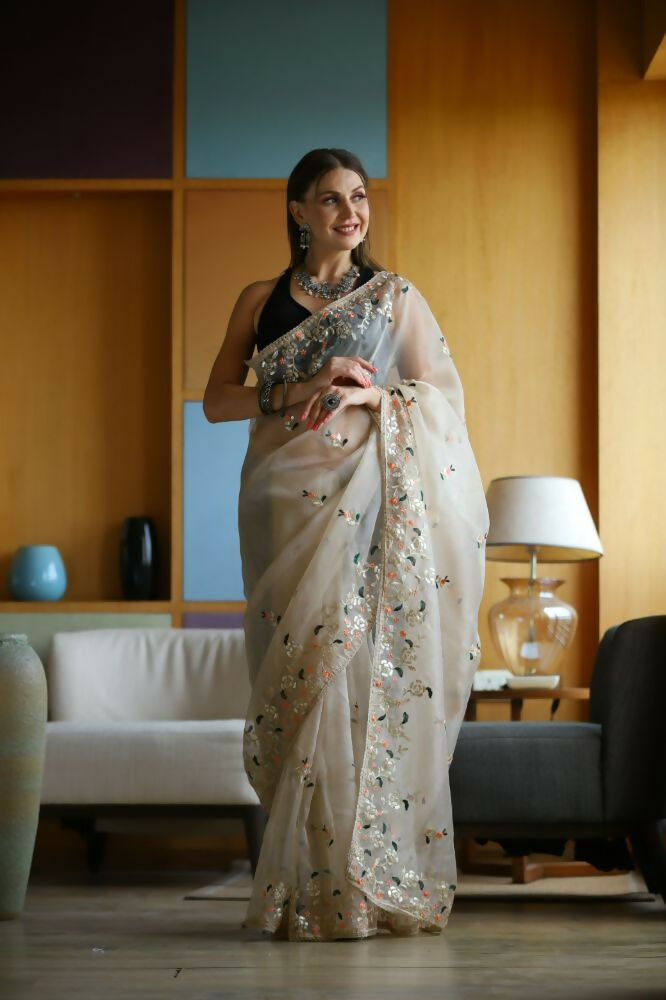 Vamsee Avantika Beige Organza Saree - Swadesiicart