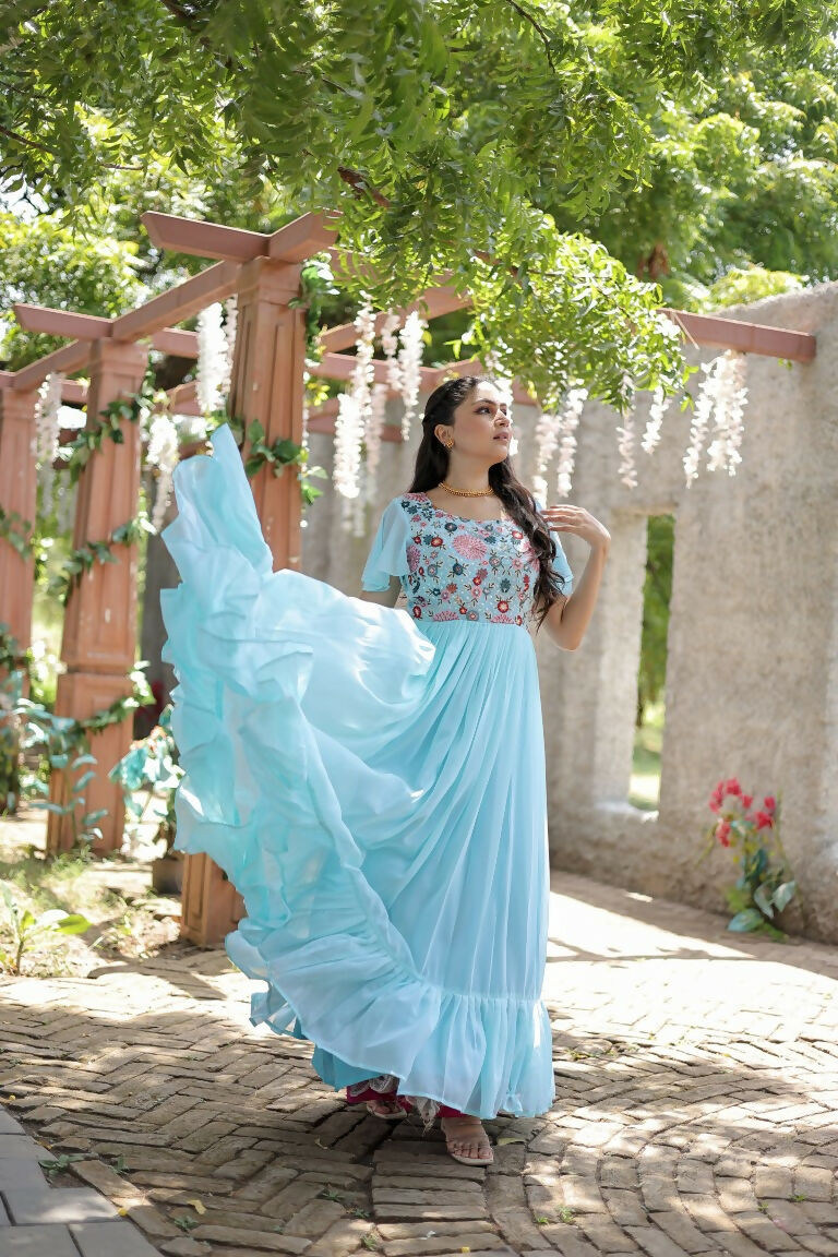 Jyoti Fashion Women's Sky Blue Sequins Thread Embroidery Faux Georgette Anarkali Dress | Swadesiicart
