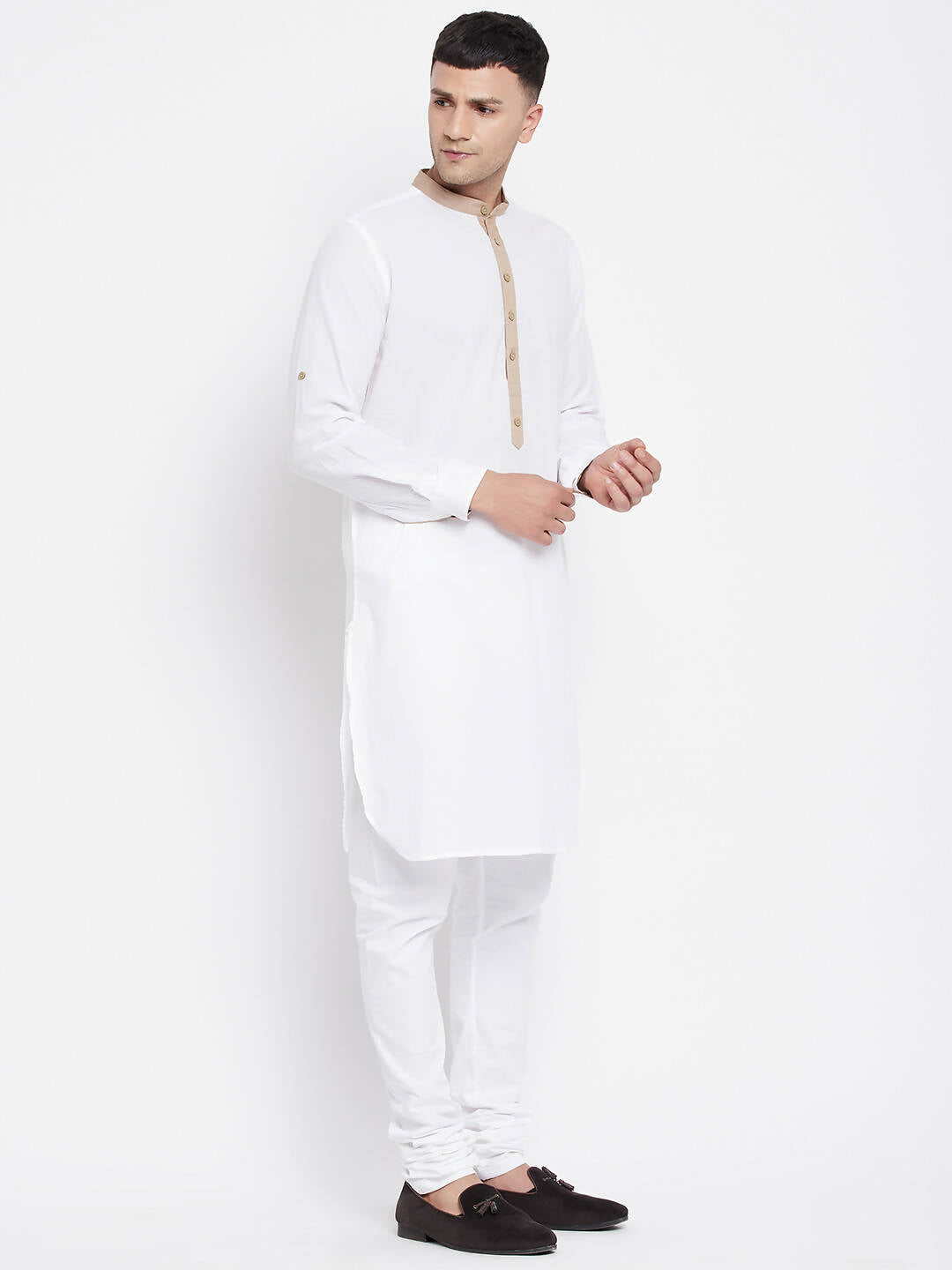 Even Apparels Beige Color Pure Cotton Men's Kurta With Band Collar | Swadesiicart