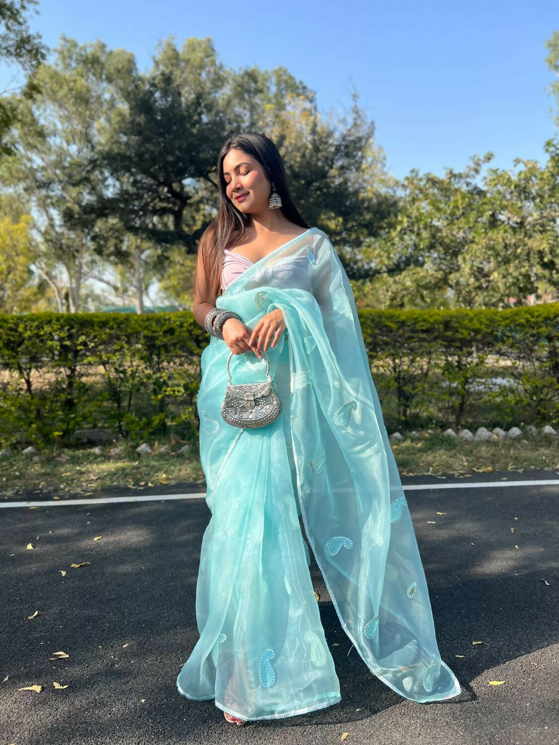 Vamsee Sky Blue Organza Saree - Swadesiicart