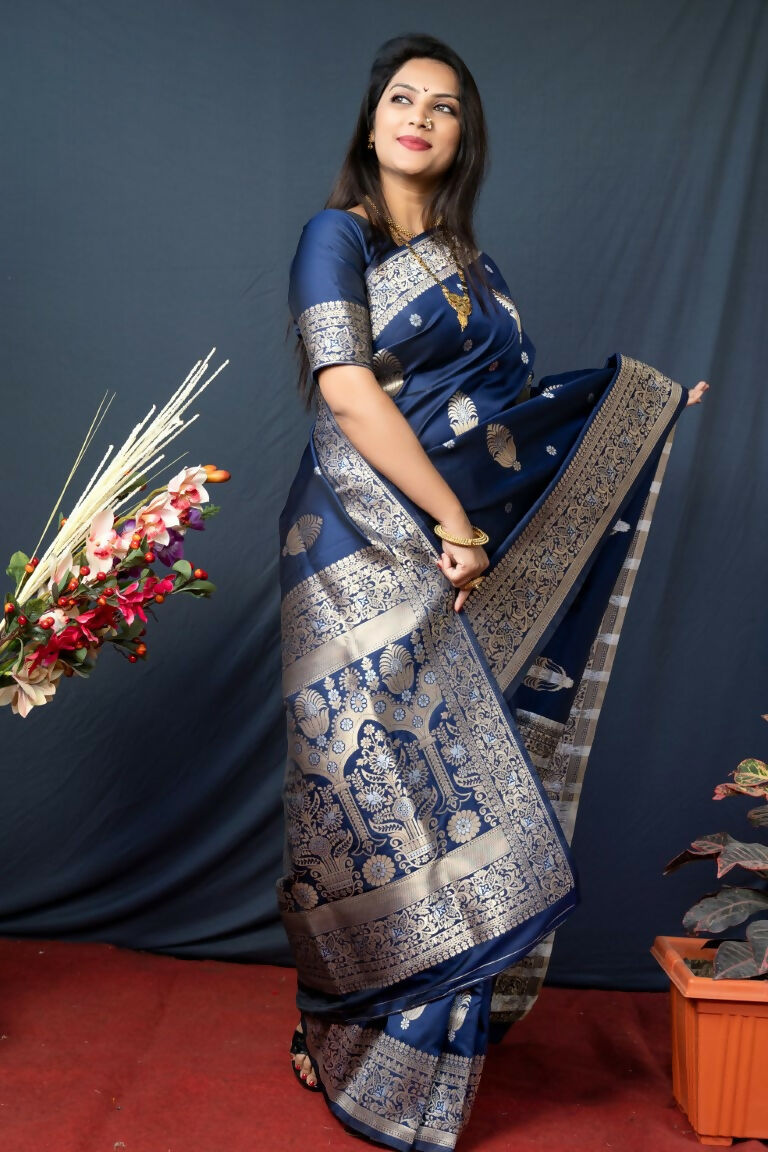 Jyoti Fashion Women's Navy Blue Paithani Silk Zari Woven Saree with Blouse | Swadesiicart