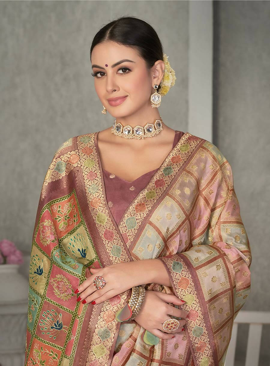 Peach Rangkat Tussar Silk Woven Design Saree with Unstitched Blouse - Mohmanthan Eshani | Swadesiicart