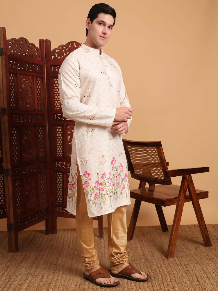 Cream Cotton Printed Chikankari Embroidery Work Kurta - Mahotsav | Swadesiicart