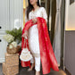 The52 White Women's Beautiful Chanderi Jacquard Fabric Embroidered Work Straight Kurta Pant and Dupatta Set - Swadesiicart