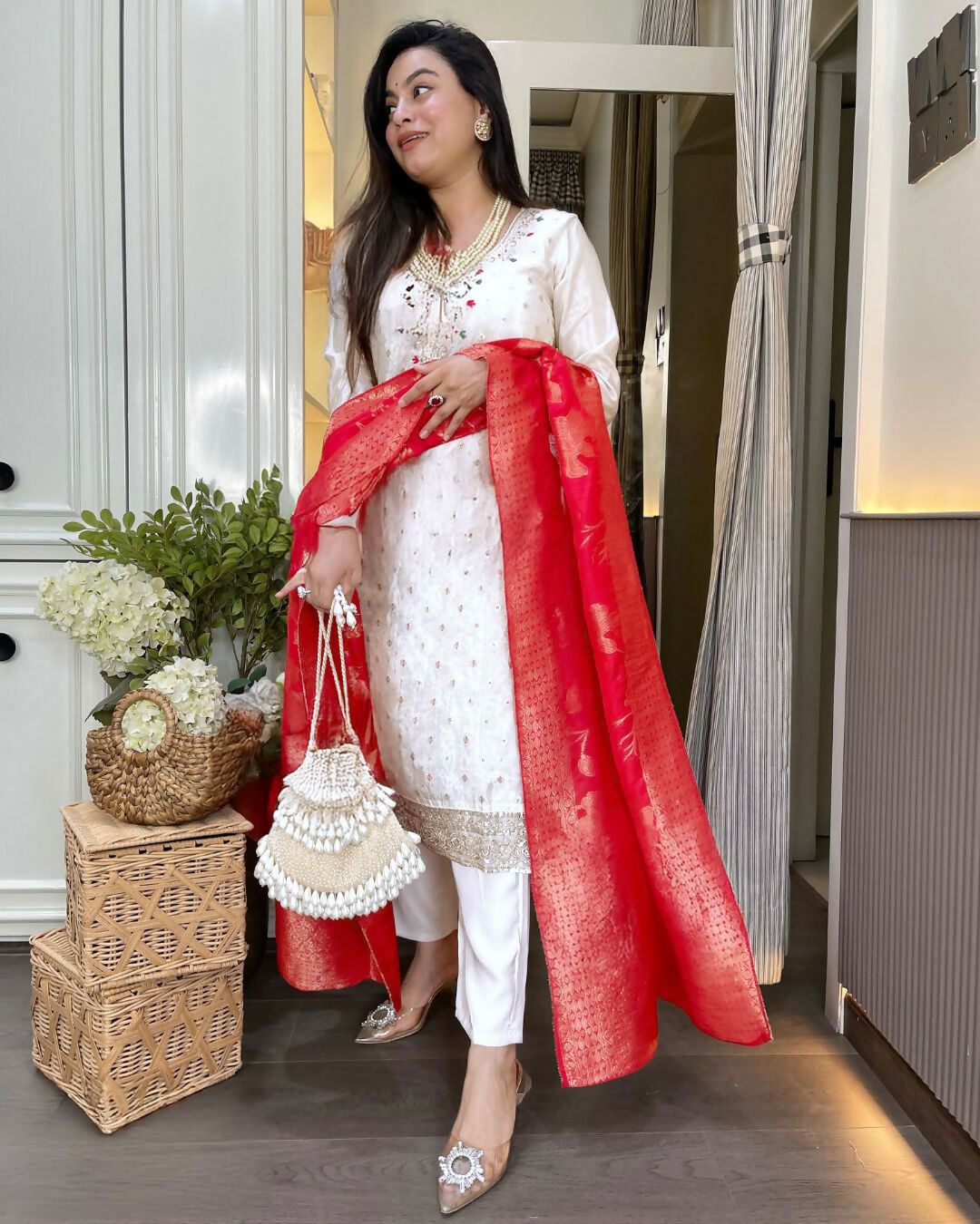 The52 White Women's Beautiful Chanderi Jacquard Fabric Embroidered Work Straight Kurta Pant and Dupatta Set - Swadesiicart