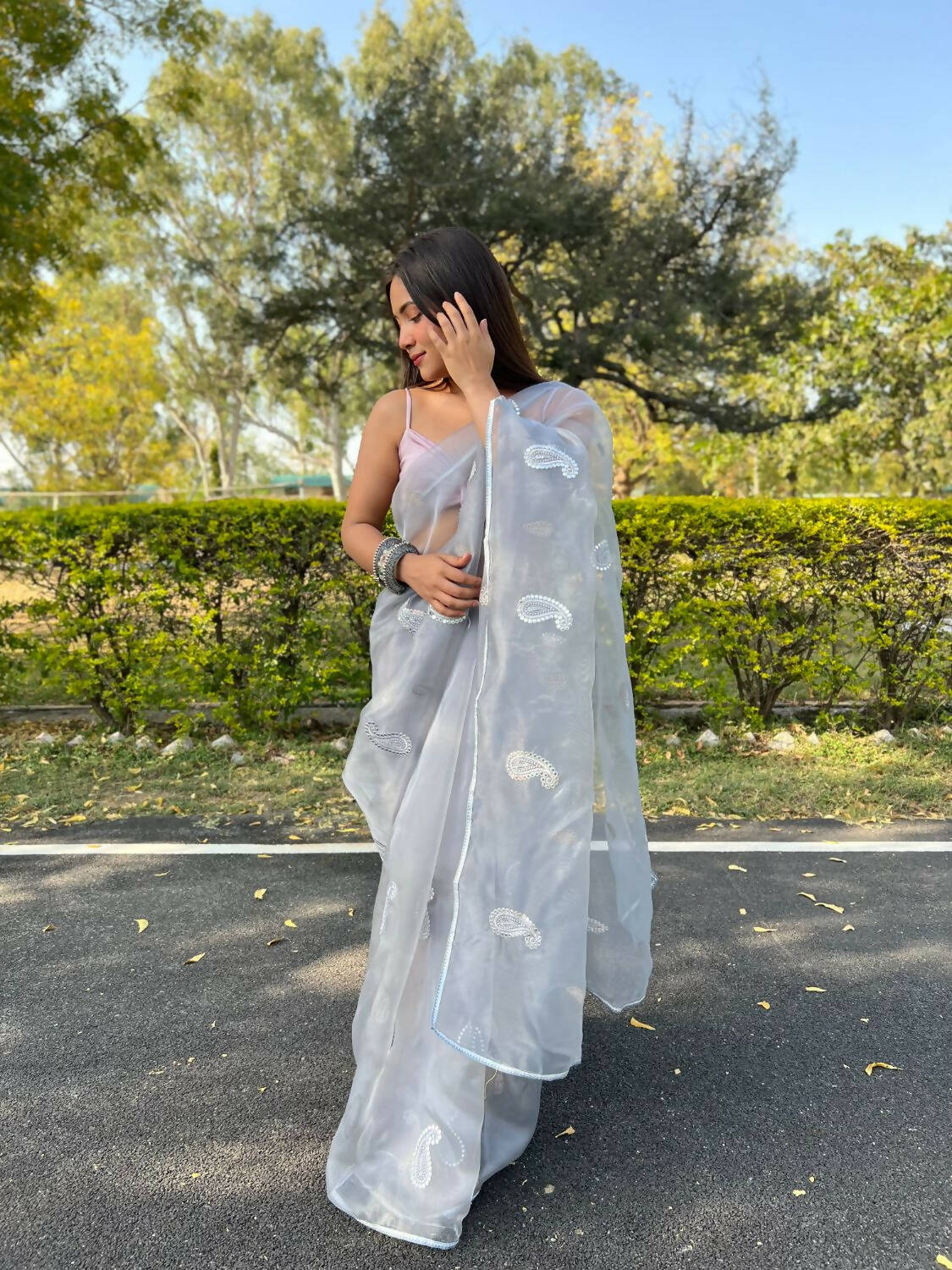 Vamsee Grey Organza Saree - Swadesiicart