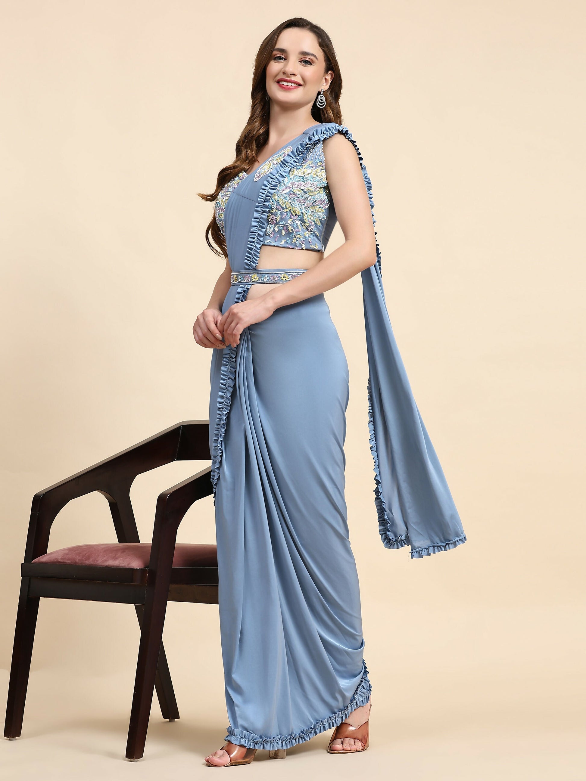 Blue Lycra Solid Ready to wear Saree with stitched Blouse - Vanita | Swadesiicart