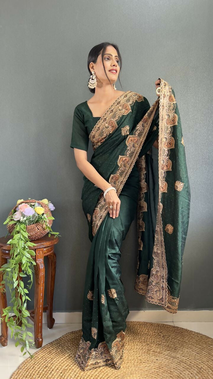 Vastranavya Green Vichitra Silk Zari with Swarovski Work Ready to Wear Saree | Swadesiicart