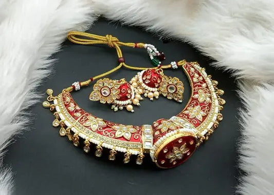 Jewel City Luxurious Red Kundan Choker Necklace Set - Traditional Indian Handcrafted Gold-Plated Jewelry with Earrings | Swadesiicart