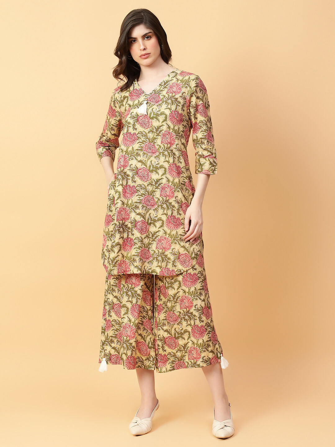 Joban Fashion Beige Cotton Printed & Hand Work Co-ord Set - Swadesiicart
