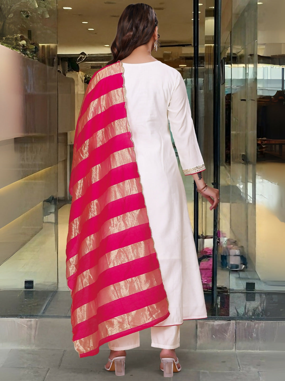 The52 White Women's Gorgeous Embroidered Work Chanderi Fabric Flared Kurta Pant and Dupatta Set - Swadesiicart